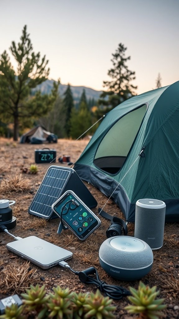 A camping setup with tech gadgets including a solar panel, smartphone, and Bluetooth speaker.