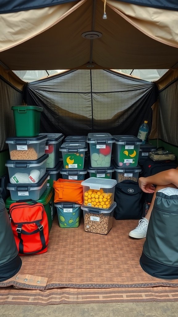Organized camping setup with labeled storage bins and bags inside a tent.