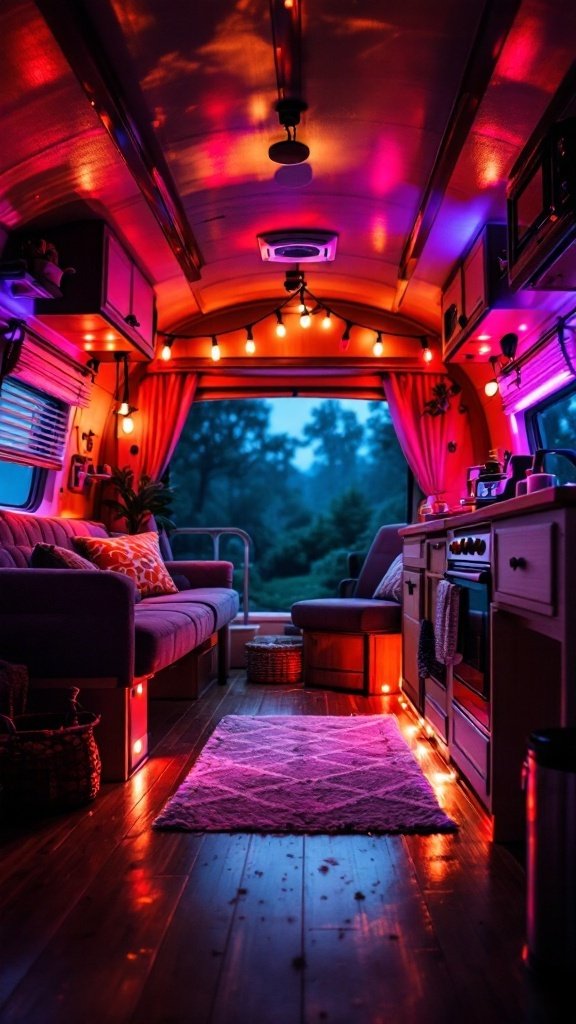 Interior of a small camper with colorful lighting and cozy furnishings