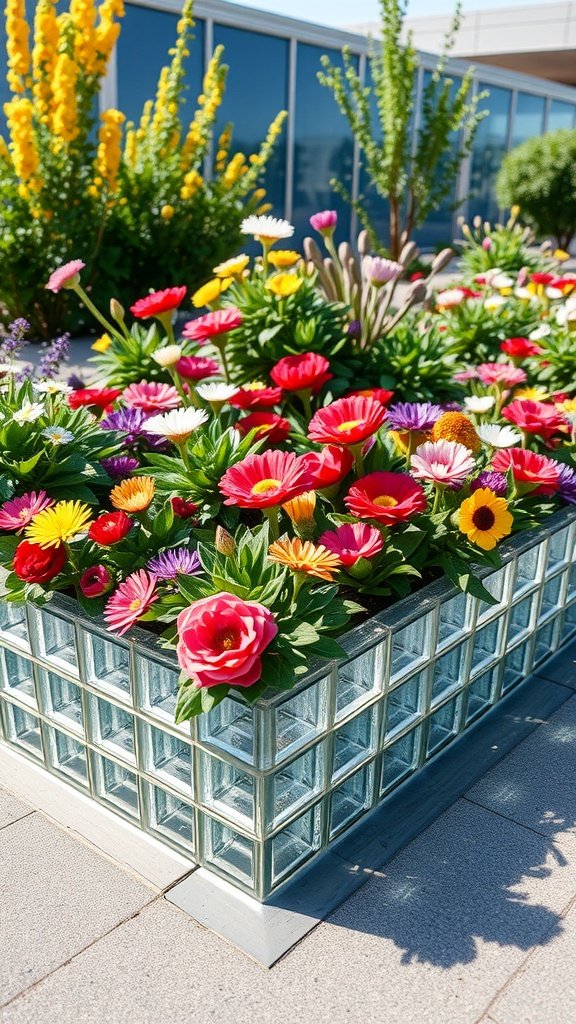 Colorful flower bed edged with glass blocks