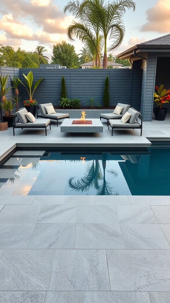 A modern concrete pool deck with comfortable seating and a central fire feature, surrounded by greenery.