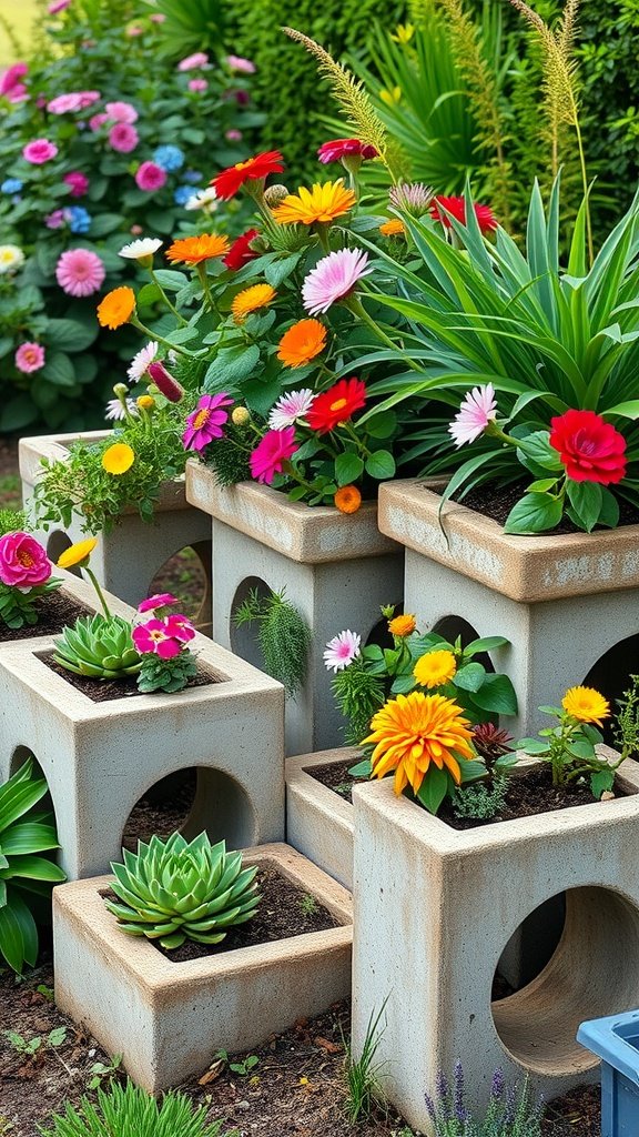 Colorful flowers and plants arranged in cinder block holders in a garden setting.