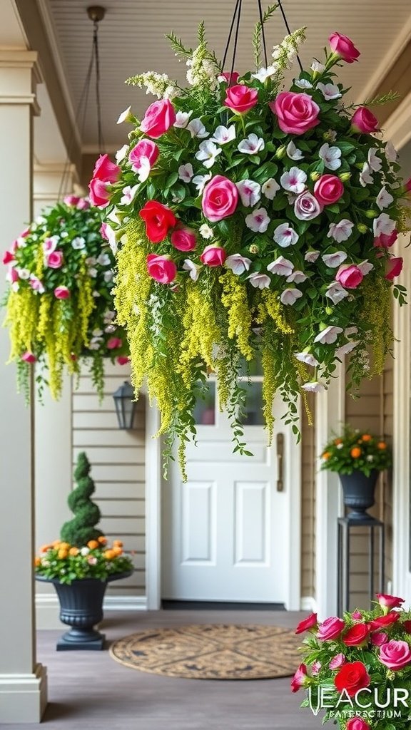A front porch decorated with hanging planters filled with vibrant flowers and lush greenery.