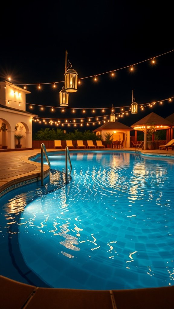 A beautifully lit pool deck at night with hanging lanterns and string lights.