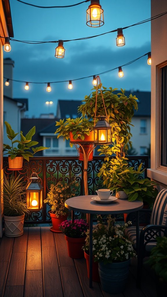 A cozy balcony garden at dusk with string lights and lanterns illuminating potted plants