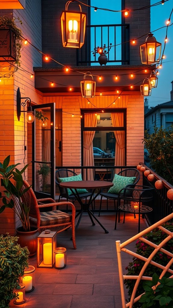 A stylish balcony with warm lights, featuring hanging lanterns, string lights, and candles.