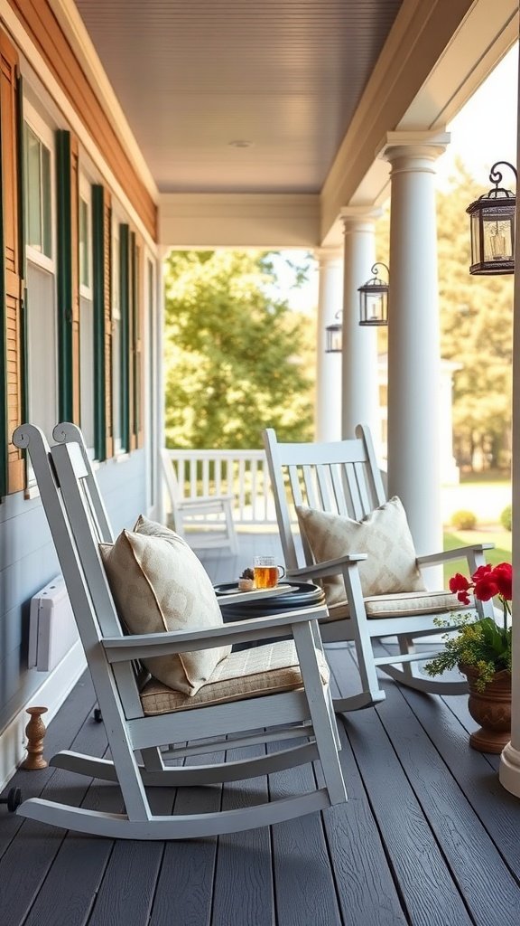 Two stylish rocking chairs on a front porch with pillows and a side table