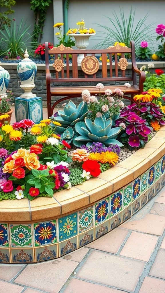 A vibrant flower bed with colorful tile edging and a wooden bench.
