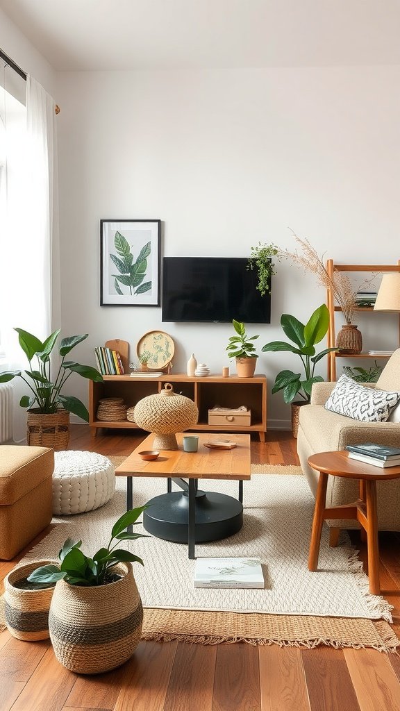 Eco-friendly living room with plants, natural materials, and minimalistic design.