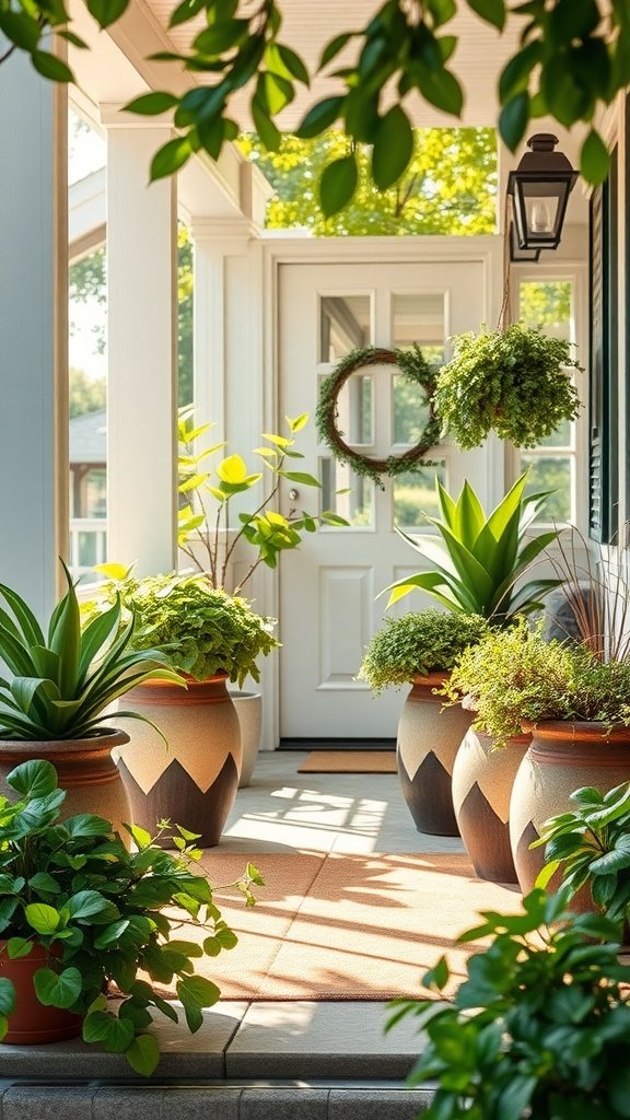 Eco-friendly planters with various plants on a front porch