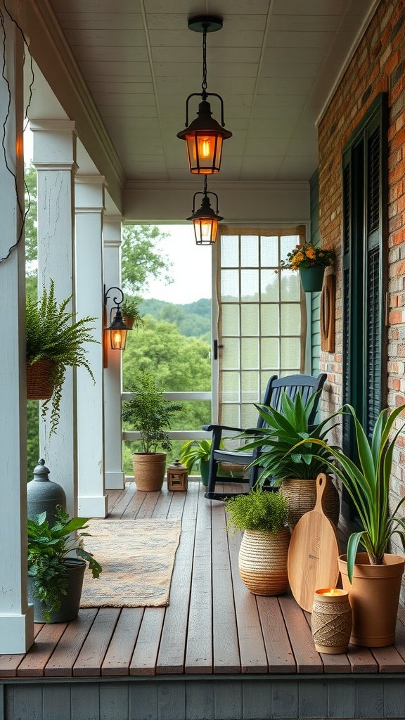 Chic and rustic farmhouse front porch with plants and natural decor