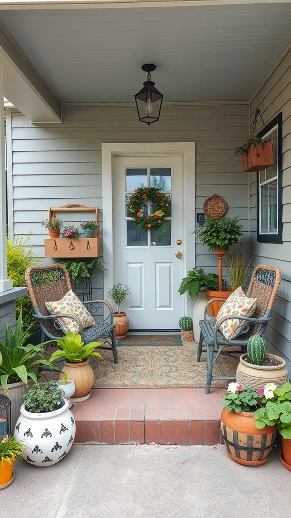 A small front porch decorated with recycled materials including wicker chairs and various plant pots.