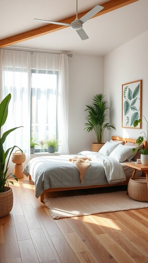A bright and inviting guest bedroom with wooden furniture, plants, and natural light.