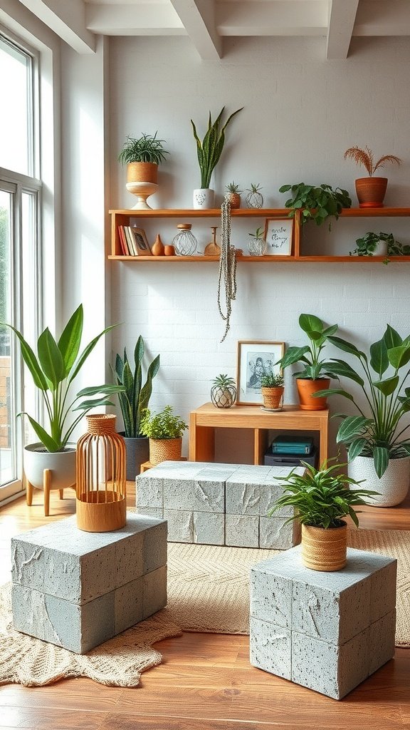 Cozy living room with cinder block furniture and plants