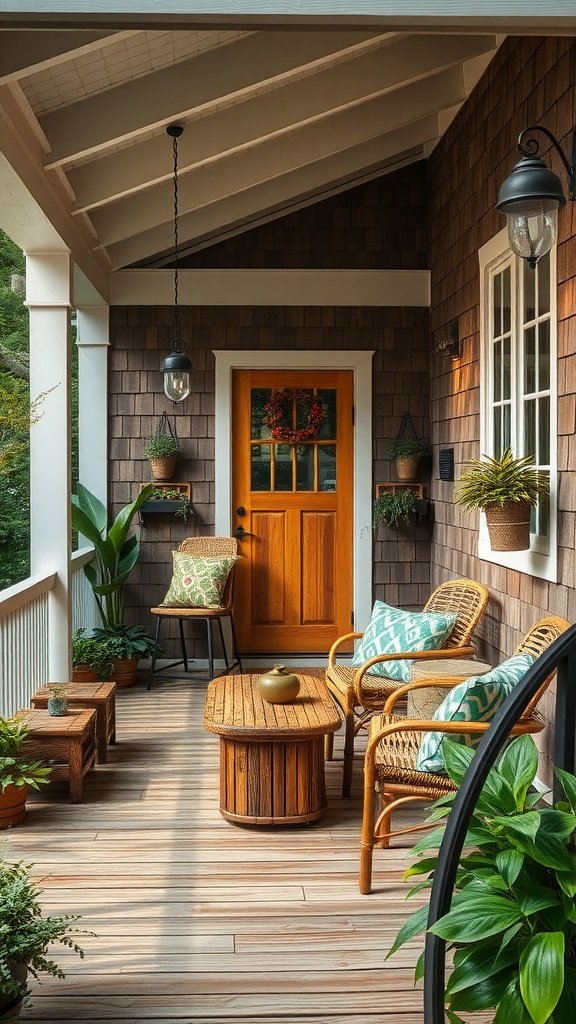 Beautiful Cape Cod house porch with sustainable materials and greenery