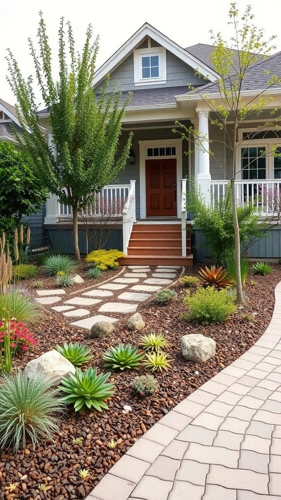 A well-designed front yard with stone pathways, colorful plants, and trees.