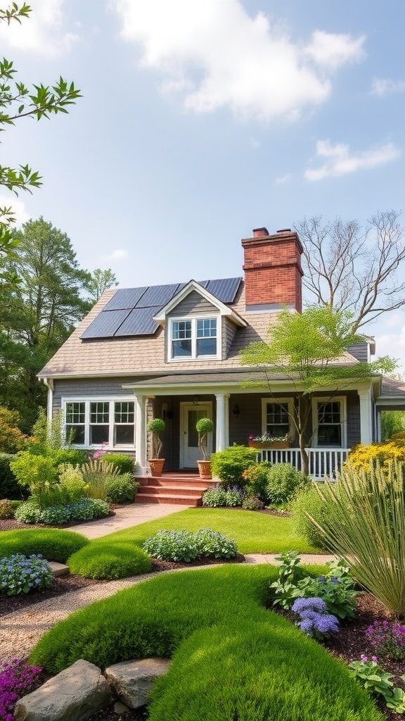 A cape cod house with solar panels, surrounded by lush greenery and colorful flowers.