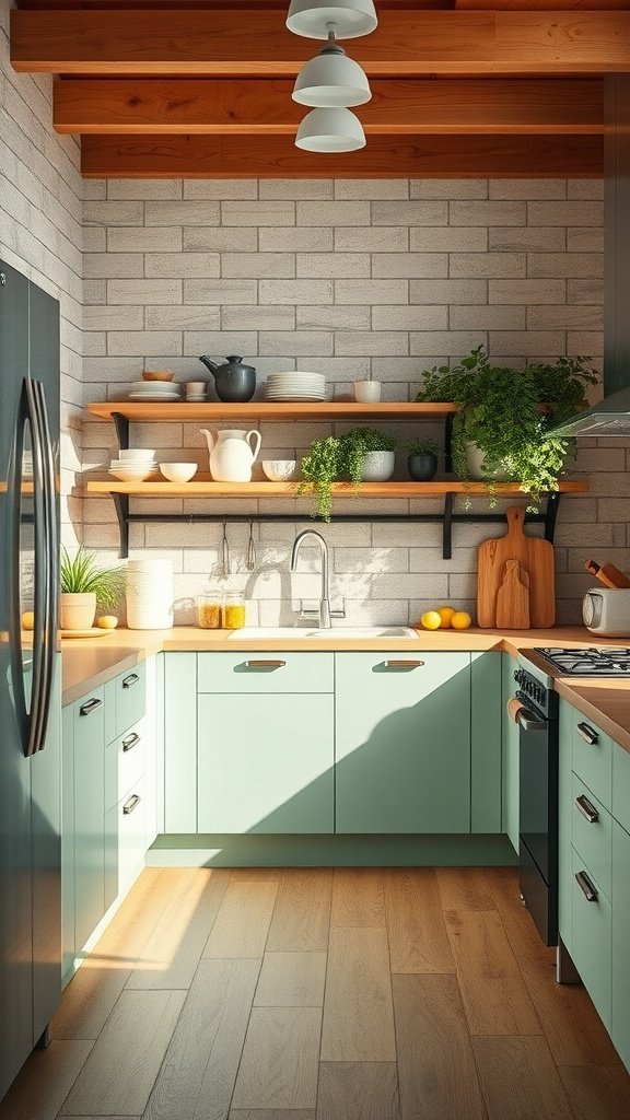 A mid-century modern kitchen with mint green cabinets and wooden shelves, featuring plants and energy-efficient appliances.