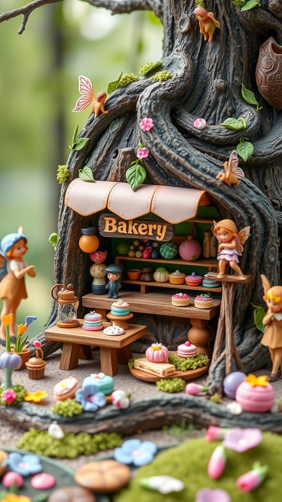 A miniature fairy bakery at the base of a tree, filled with colorful treats and tiny fairies.