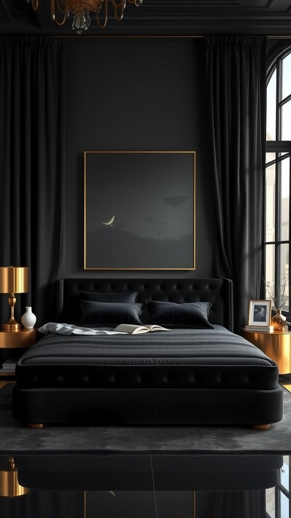 A stylish dark nature aesthetic bedroom featuring black decor and gold accents.