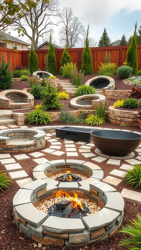 A landscaped garden featuring multiple creatively shaped fire pits surrounded by vibrant greenery and stone pathways.