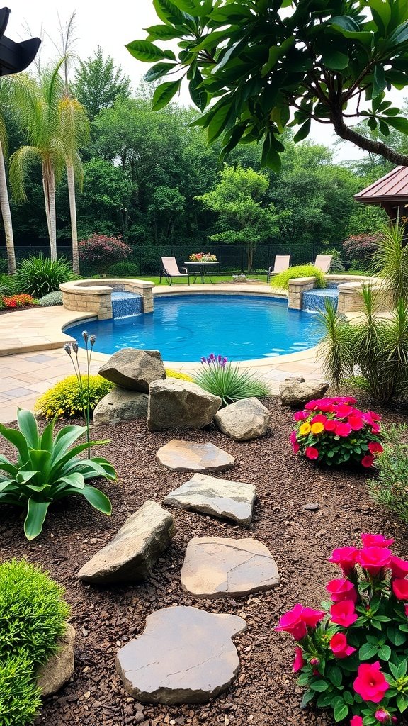 A vibrant pool deck surrounded by lush greenery and colorful flowers, featuring a stone pathway leading to the pool.