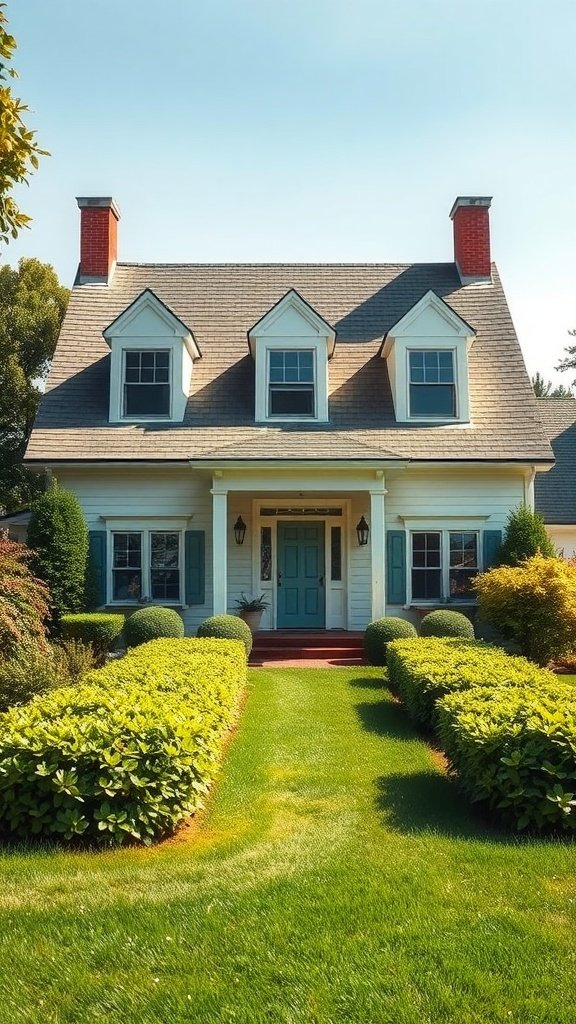 A luxury Cape Cod house with a symmetrical design featuring a centered front door, matching windows, and manicured hedges.