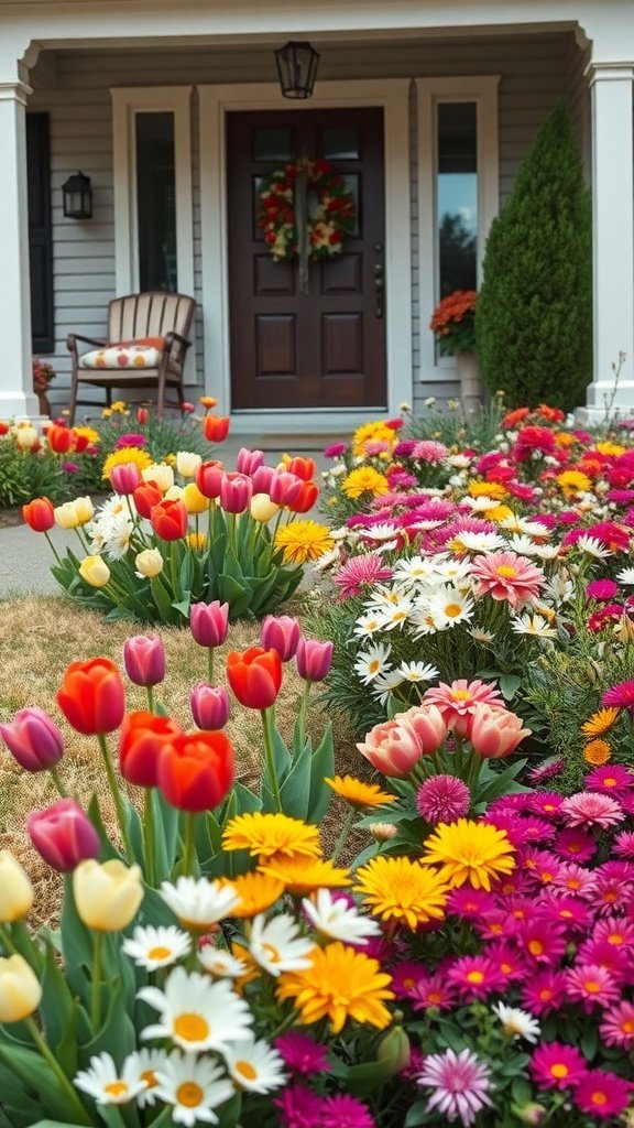 A vibrant array of seasonal flowers in a front yard, showcasing tulips, daisies, and other colorful blooms.