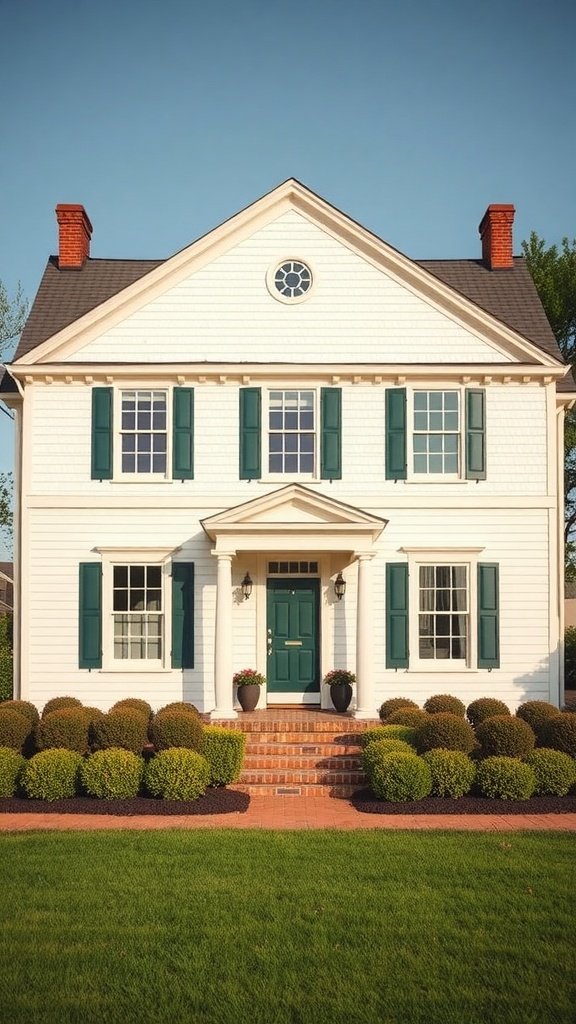 A symmetrical Cape Cod house with green shutters, a circular window, and well-maintained landscaping.