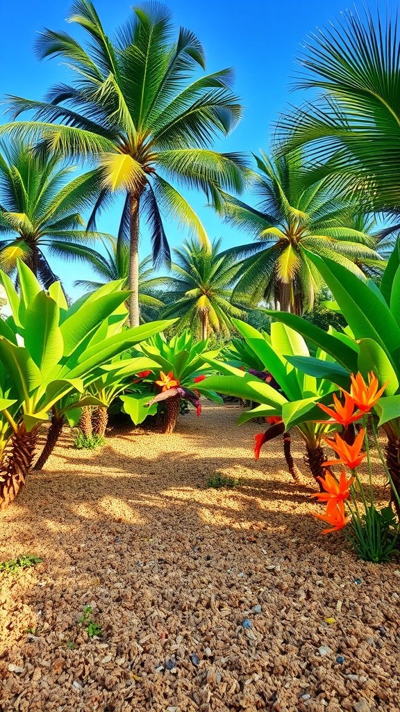 A vibrant tropical landscape featuring palm trees and lush green plants with orange flowers, showcasing coconut coir mulch on the ground.
