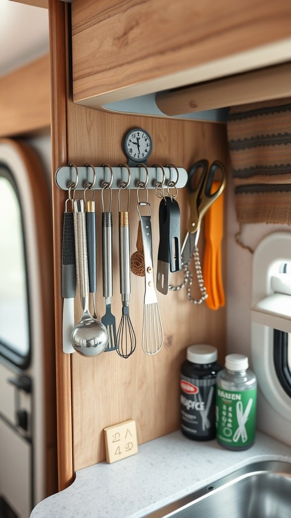 Kitchen tools organized on a magnetic strip in an RV