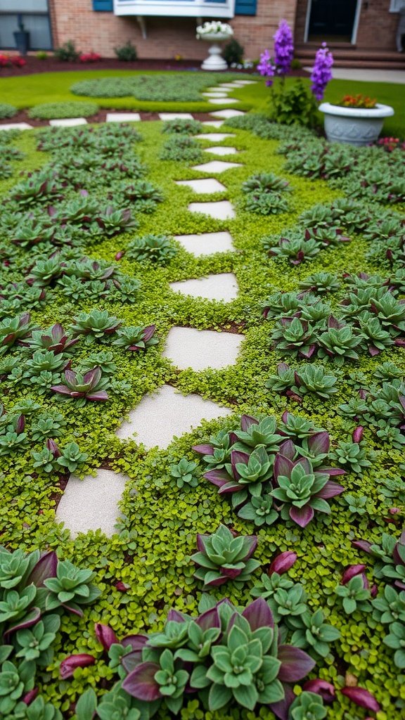 A front yard with low-maintenance ground covers and stone pathway.