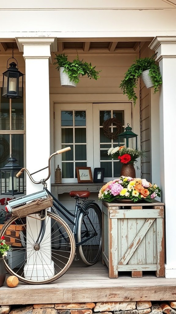 A rustic farmhouse porch featuring vintage decor with a bicycle and flower arrangements.