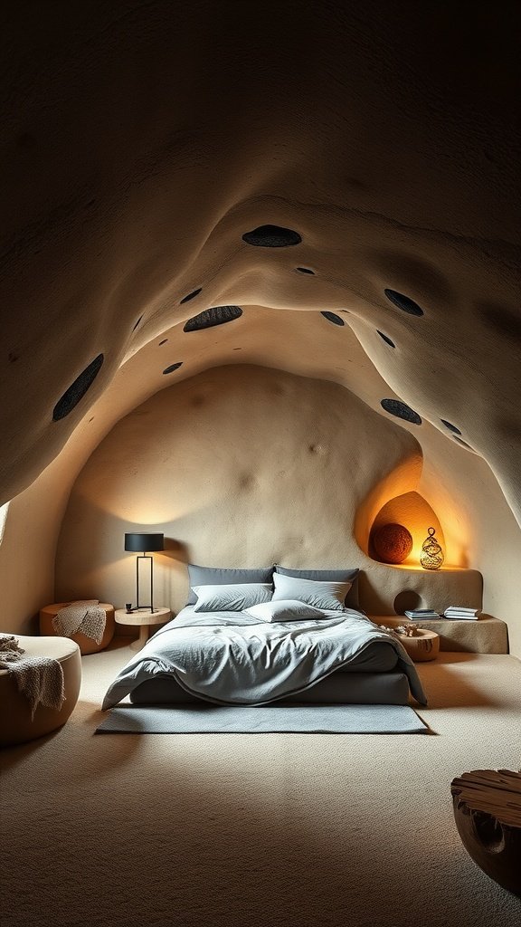 A cozy cave-inspired bedroom with soft, rounded walls and warm lighting.