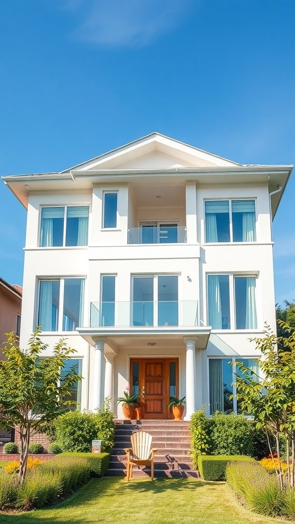 A modern two-story house with large windows, a wooden front door, and a cozy porch surrounded by green landscaping.