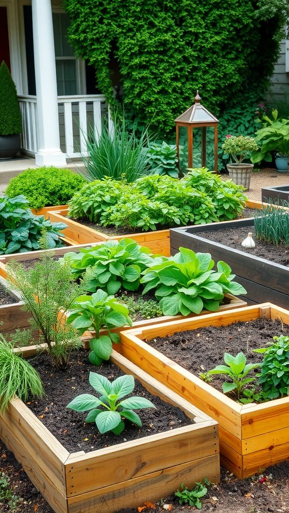 A landscaped front yard featuring various raised garden beds filled with lush green plants.