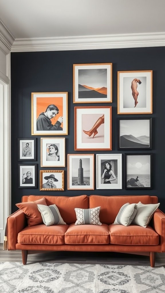 A gallery wall with framed black and white photos and colorful art pieces on a deep blue wall, with an orange couch in front.