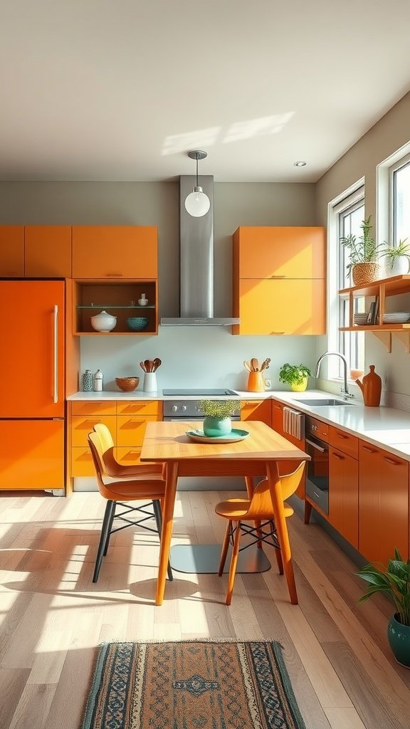 A vibrant mid-century modern kitchen featuring orange cabinets, a wooden table, and natural light.