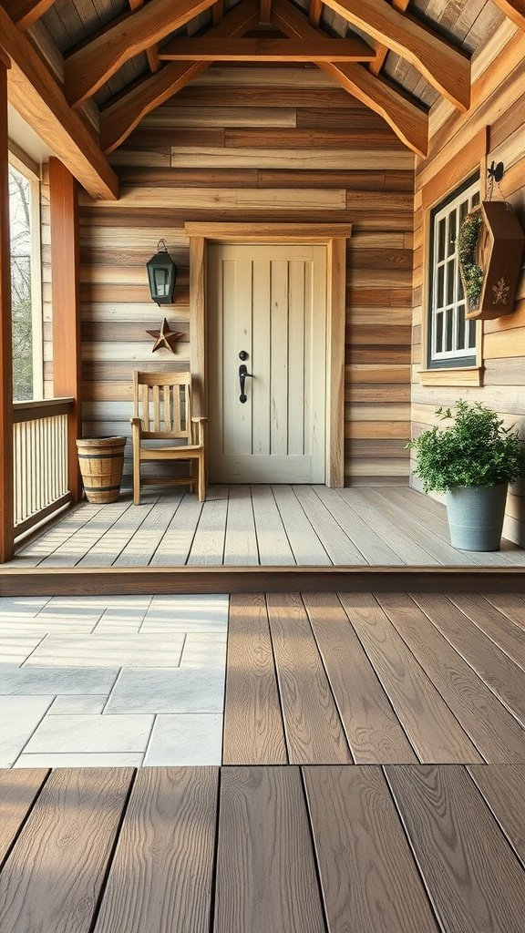 A cozy farmhouse front porch with wooden flooring and a charming entrance.