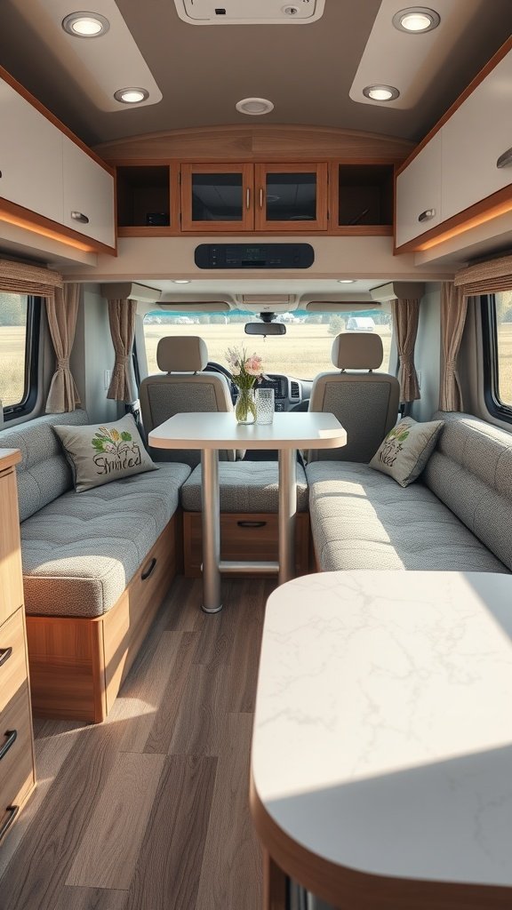 Cozy camper interior with multi-functional furniture, featuring a table and seating that doubles as storage.
