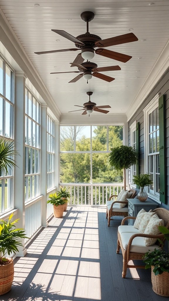 A bright and airy porch with ceiling fans and large windows, showcasing a cozy and inviting space.
