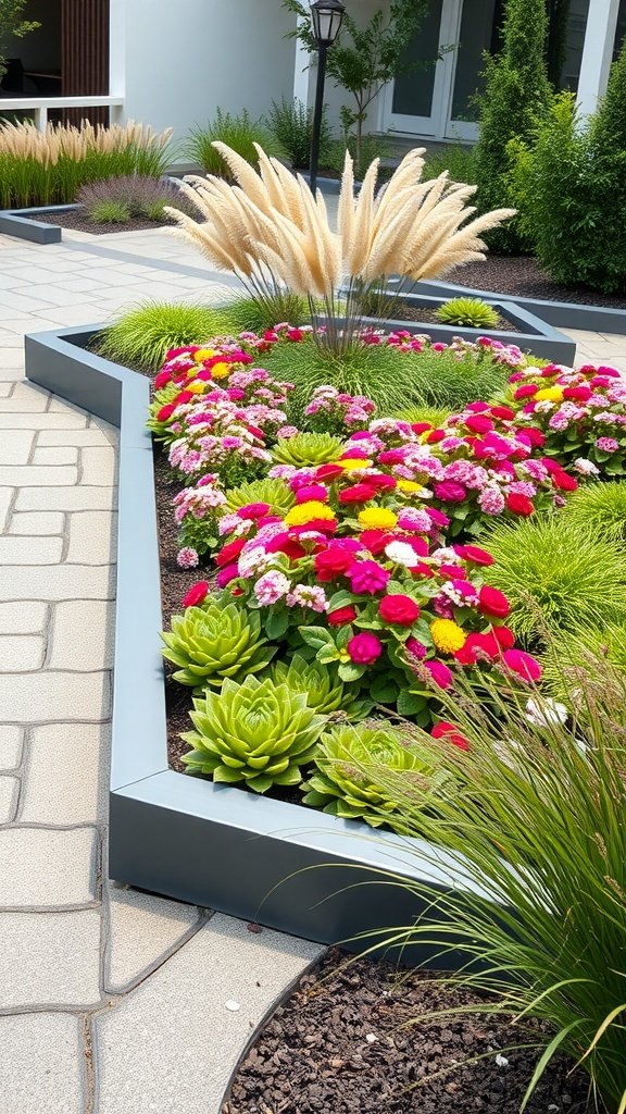 A flower bed with colorful flowers bordered by sleek gray metal edging