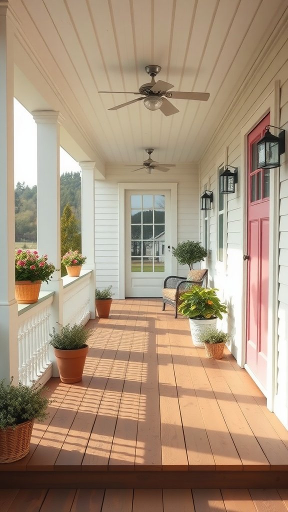 A chic farmhouse front porch with a pink door, plants in pots, and wooden flooring.
