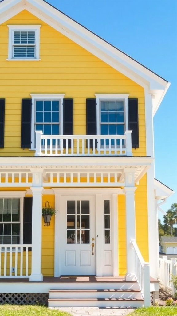 A charming yellow Cape Cod house with white accents, featuring a welcoming front porch and black shutters.