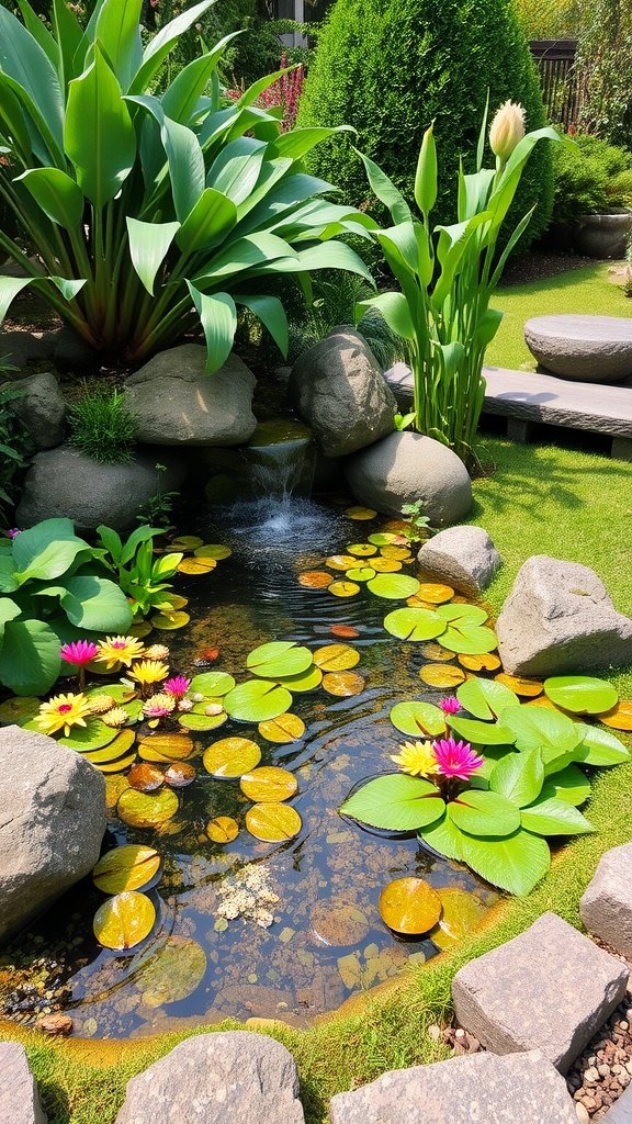 A serene garden pond surrounded by greenery and colorful water lilies, featuring rocks and a gentle fountain.