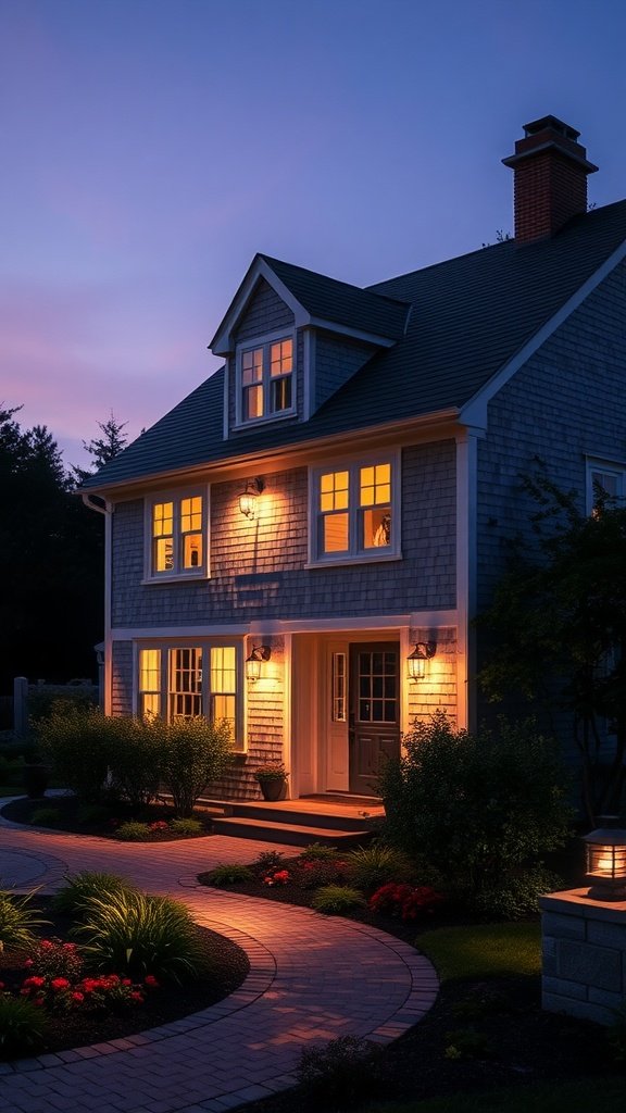 A beautifully lit cape cod house exterior at dusk, highlighting its architectural features and landscape.
