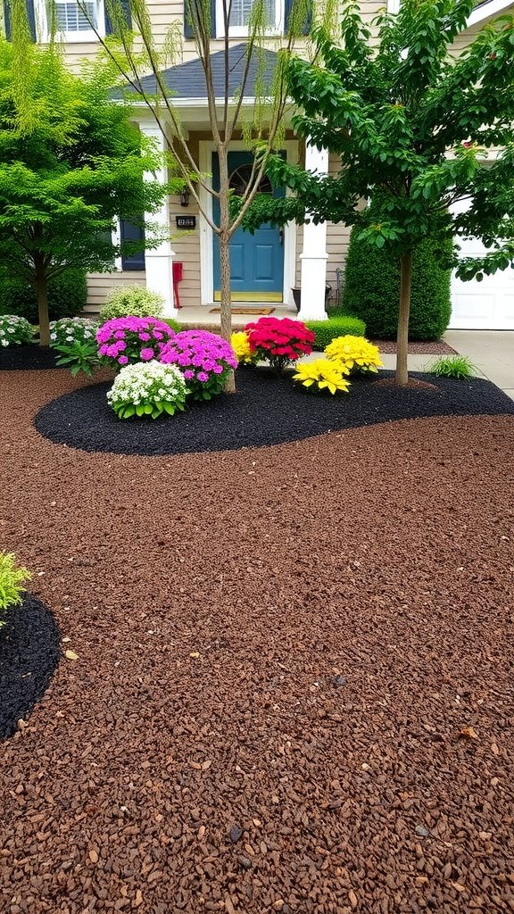 A front yard with colorful flowers and dark mulch around a tree.
