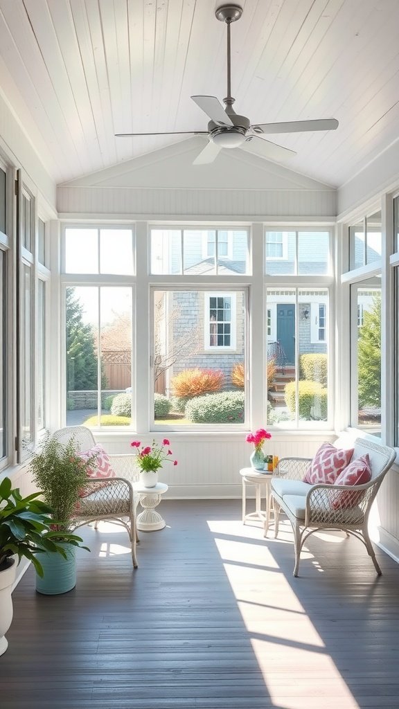 Bright Cape Cod porch with large windows, comfortable seating, and potted plants.