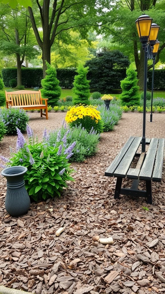 A garden with bark mulch, colorful flowers, trimmed shrubs, and seating areas.