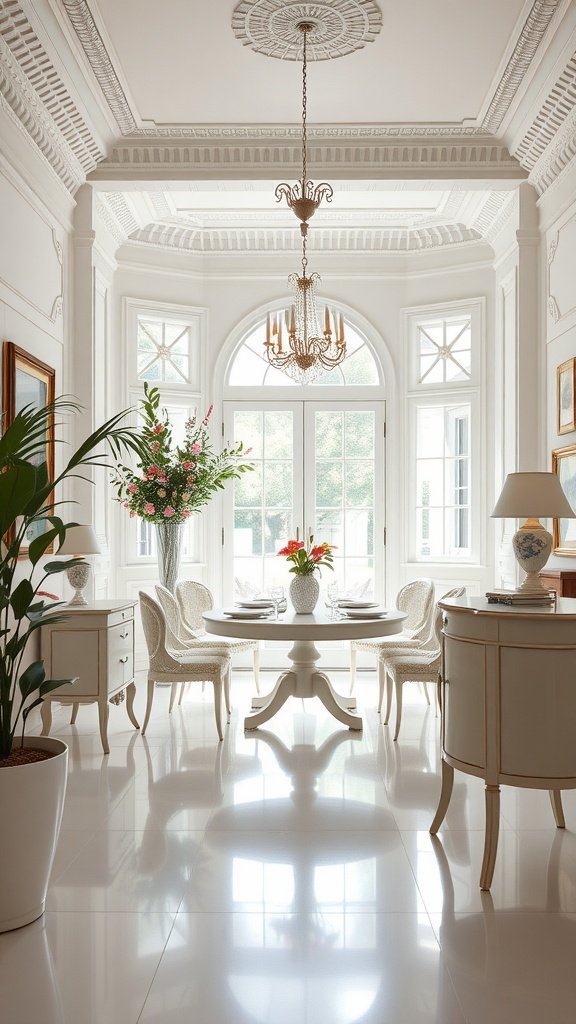 Bright dining area featuring classic white walls, elegant furniture, and floral arrangements.